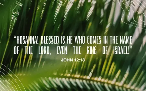 Palm fronds frame a verse about Palm Sunday: "Hosanna! Blessed is he who comes in the name of the Lord, even the King of Israel!" John 12:13.