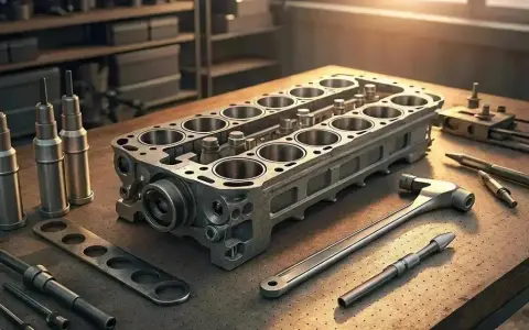 Bloque motor rajado con herramientas de mecánica.