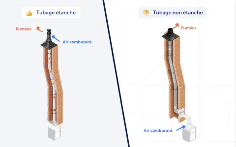 Comparaison de tubages de cheminée : étanche (conforme réglementation) vs non étanche. L'étanche assure une bonne évacuation des fumées et l'apport d'air comburant.