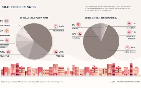 Dwa wykresy kołowe pokazujące źródła emisji pyłów PM10 i benzo(a)pirenu w Polsce.