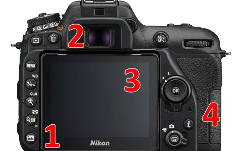 Retro della Nikon D7500, con numeri che indicano le aree per un tutorial italiano.