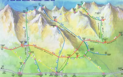Mapa turystyczna przedstawia najpiękniejsze szlaki w Tatrach Słowackich, w tym rejony Dolin Wielickiej, Staroleśnej i Zimnej Wody.