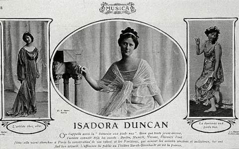 Isadora Duncan, tancerka boso, w trzech odsłonach: w domu, w pozie i w ruchu.