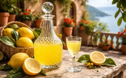 Słoneczny taras, koszyk cytryn i karafka z domowym limoncello. Idealny przepis na włoski likier.
