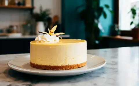 Gâteau rond et crémeux, une délicieuse mousse vanille sur une base biscuitée, couronné de chantilly et d'une fleur de vanille.