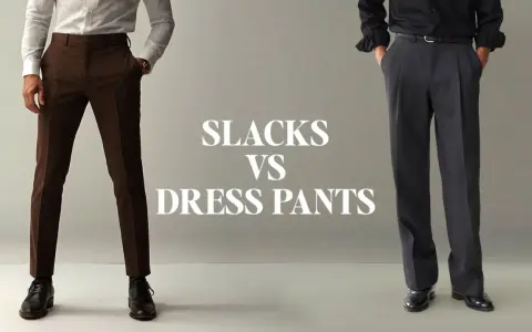 See what slacks look like: a man in brown slacks with a slim fit, and another in grey dress pants with pleats.