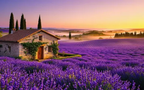 Maison de pierre au milieu d'un champ de floraison lavande, au coucher du soleil. Paysage de Provence.