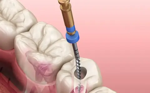 Ząb z ropą wymaga leczenia kanałowego. Dentysta używa narzędzia do oczyszczenia zainfekowanego kanału.