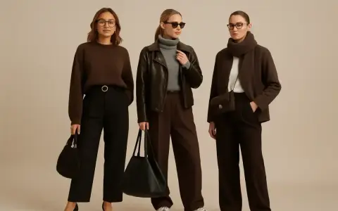 Trzy kobiety prezentują stylizacje. Jedna ma czarne spodnie i brązową bluzę. To świetna inspiracja, jakie spodnie do czarnej bluzy pasują.