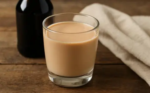 Szklanka kremowego likieru, idealny likier Baileys zamiennik, obok ciemnej butelki i lnianej serwetki na drewnianym stole.