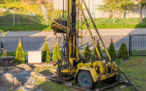 Żółta wiertnica na placu budowy. Rozpoczynają się prace nad studnią głębinową, koszt inwestycji zależy od wielu czynników.