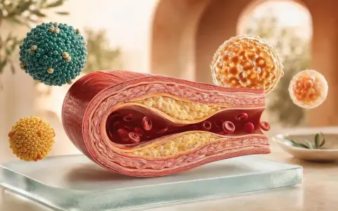 Przekrój naczynia krwionośnego z cholesterolem. Kuleczki symbolizują cząsteczki tłuszczu, sugerując, że hdl cholesterol za niski.