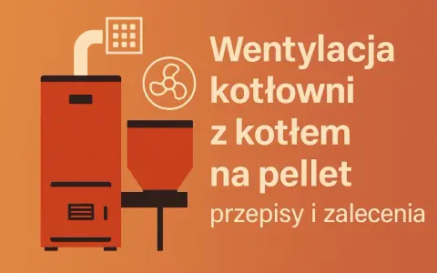 Ilustracja przedstawia kocioł na pellet i wentylator, symbolizujące wentylację w kotłowni.