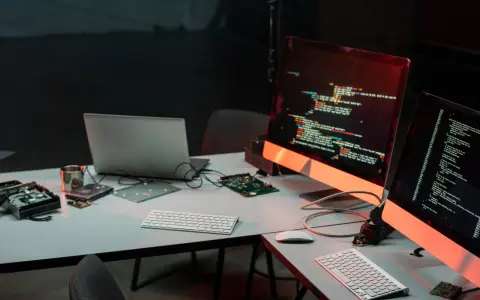 Biurko z komputerami i kodem na ekranach, przygotowane do **mutation testing**. Widać części komputerów i dyski.