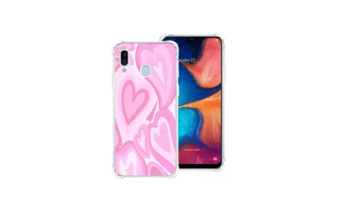 Przezroczyste etui na telefon Samsung A20e z różowymi serduszkami.