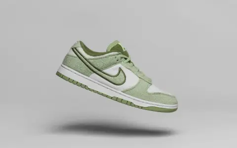 Miętowe Nike Dunk Low z fakturowaną cholewką, białe panele i zielone logo. Sprawdź unikalny nike numer seryjny.