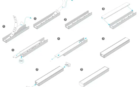 Instrukcja montażu taśmy LED w listwie aluminiowej: przyklejanie, wsuwanie, zamykanie.