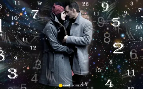 Para numerologiczna 6 i 8 – para zakochanych w objęciach na tle kosmicznego nieba z liczbami.