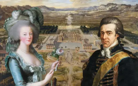 Axel von Fersen och Marie Antoinette framför ett palats. En ros i hennes hand, en blick mot framtiden.