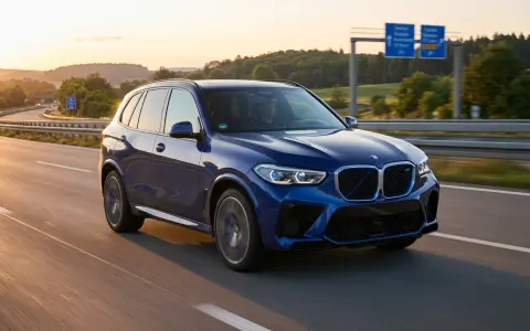Blauer BMW iX5 Elektro fährt auf der Autobahn bei Sonnenuntergang.