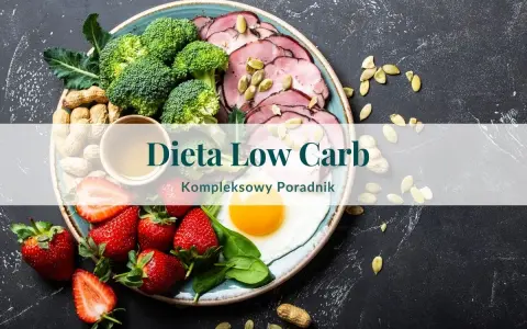 Talerz z jedzeniem low-carb: brokuły, wędlina, jajko sadzone, truskawki, orzeszki.