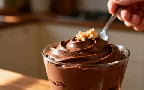 Une cuillère plonge dans une délicieuse mousse au chocolat au lait, garnie de miettes dorées.