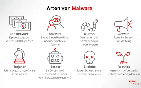 Übersicht über verschiedene Arten von Malware: Ransomware, Spyware, Würmer, Adware, Trojaner, Botnet, Exploits und Rootkits.