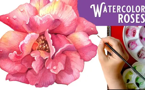 Un magnifique dessin rose aquarelle, avec une main tenant un pinceau près d'une palette de couleurs.