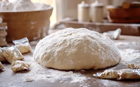 Pâte à brioche sur une table en bois, entourée de sachets de levure. Idéal pour savoir comment rattraper une pâte à brioche qui ne monte pas.