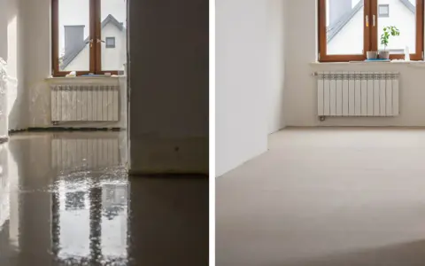 Po lewej mokra wylewka samopoziomująca, po prawej sucha. Czas schnięcia zależy od warunków.