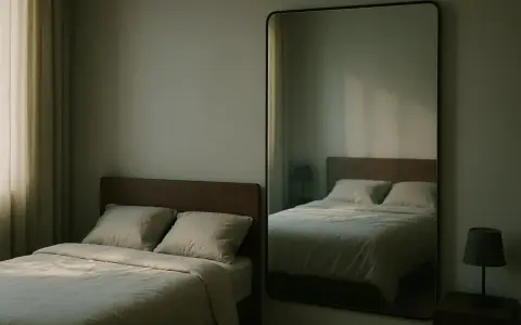 Un grand miroir en face du lit reflète la chambre, créant une impression d'espace et de sérénité. La lumière douce filtre à travers les rideaux.