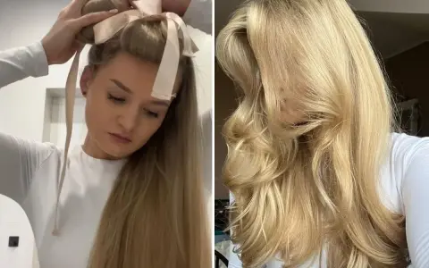 Blondynka z falowanymi włosami po trwałej układa je za pomocą wstążki. Efekt: bujne loki.