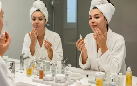 Femme appliquant un sérum visage, reflet dans le miroir. Une routine beauté avec des produits de soin, dont un sérum au rétinol pour la peau.