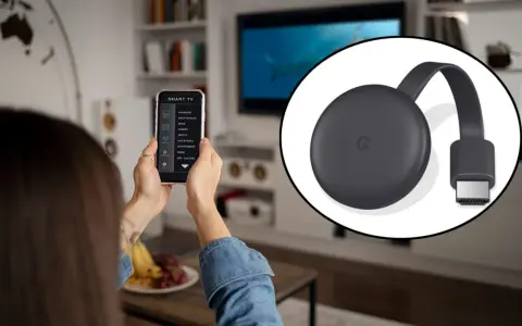 Użyj telefonu, by skonfiguruj moje urządzenie Android TV. Widok na Chromecast i ekran smartfona z menu.