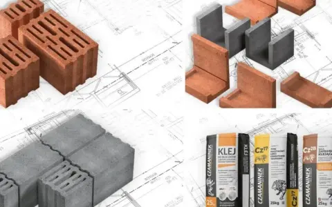 Różne rodzaje pustaków, w tym prefabrykat keramzytowy, oraz materiały budowlane, jak kleje i zaprawy, na tle planów architektonicznych.