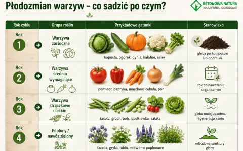 Tabela płodozmianu warzyw: rok 1 - warzywa żarłoczne (kapusta, dynia), rok 2 - średnio wymagające (pomidor, marchew), rok 3 - strączkowe (fasola, groch), rok 4 - poplony.
