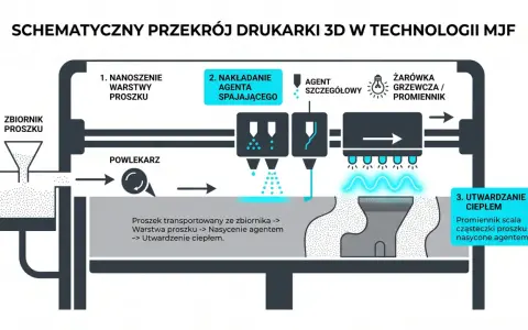 Schemat budowy drukarki 3D MJF: nanoszenie proszku, nakładanie agenta spajającego i utwardzanie ciepłem.