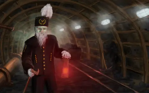 Opiekuńczy duch kopalni, z latarką w dłoni, czuwa nad górnikami w ciemnym tunelu.