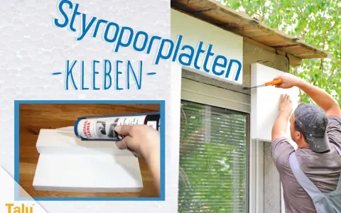 Styroporplatten kleben: Ein Mann befestigt eine Styroporplatte am Haus. Daneben eine Hand mit Kleberpistole.