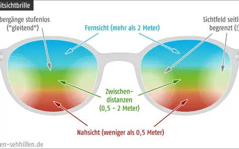 Schema einer Gleitsichtbrille: Nah-, Zwischen- und Fernsichtbereiche. Ein Arbeitgeber sollte dies für seine Mitarbeiter in Betracht ziehen.