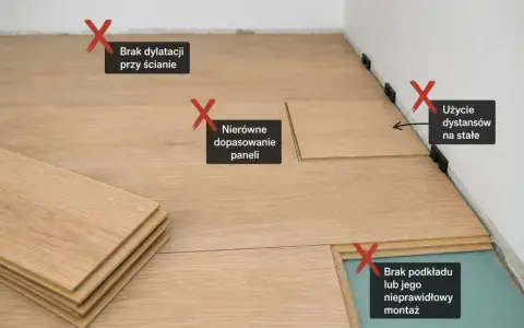 Błędy przy układaniu paneli: brak dylatacji, nierówne dopasowanie, użycie dystansów na stałe, brak podkładu. Poznaj prawidłowy wzór.