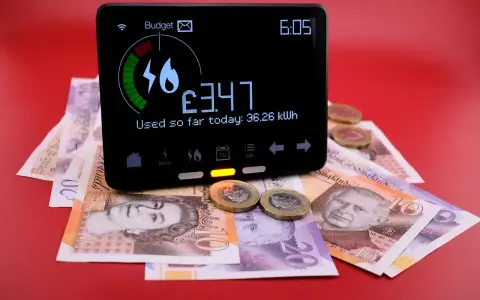 Cyfrowy licznik pokazuje £3.47 zużycia energii, a pod nim leżą banknoty i monety. To pokazuje realne ogrzewanie gazowe koszty.