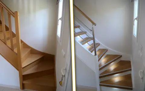 Avant/après : modernisation d'un escalier bois. L'ancien bois brut laisse place à un design épuré avec garde-corps moderne et marches lumineuses.