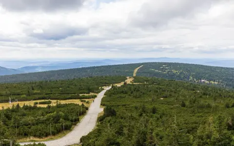 Kamienista ścieżka prowadzi przez gęste lasy i połacie kosodrzewiny. Widok na góry i chmury podczas zejścia ze Szrenicy.