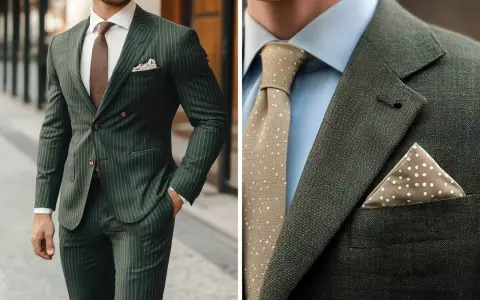Un uomo indossa un elegante vestito verde a righe, con cravatta e fazzoletto coordinati. Perfetto per ogni occasione, questo completo è ideale con le giuste scarpe da abbinare.