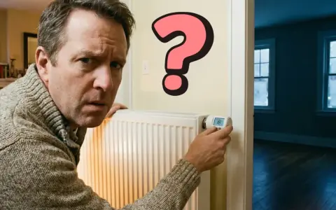 Hombre confundido mira un radiador con un gran signo de interrogación rosa, preguntándose como apagar la calefacción.