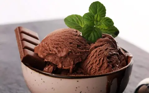 Delicioso helado de chocolate cremoso en un tazón, adornado con una hoja de menta y una barra de chocolate.