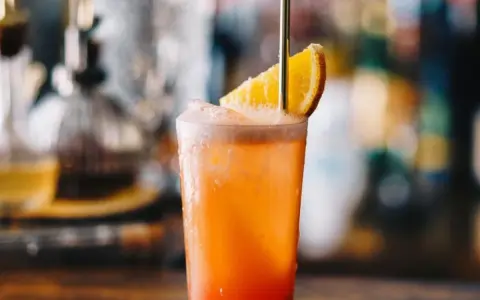 Orzeźwiający drink Garibaldi z plasterkiem pomarańczy i złotą słomką, idealny na letnie popołudnie.