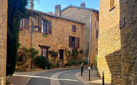 Village pittoresque aux maisons de pierre dorée, avec une ruelle sinueuse bordée de végétation luxuriante.
