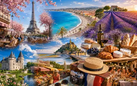 En collage av ikoniska franska resmål: Eiffeltornet, lavendelfält, Mont Saint-Michel, slott och en strandpromenad.